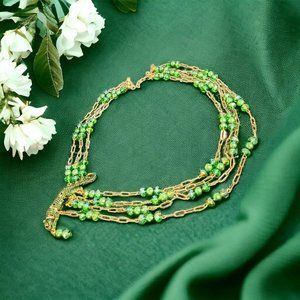 Green Pearl Multi-row/gem Necklace Leopard Charm/Pendant 20-22" Valentine 4nk02